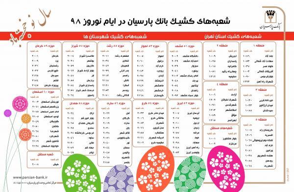 اعلام شعب کشیک بانک پارسیان در نوروز ۹۸